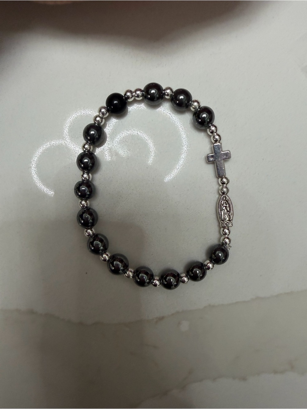 Men's Black Hematite Rosary Bead Bracelet with Silver Cross